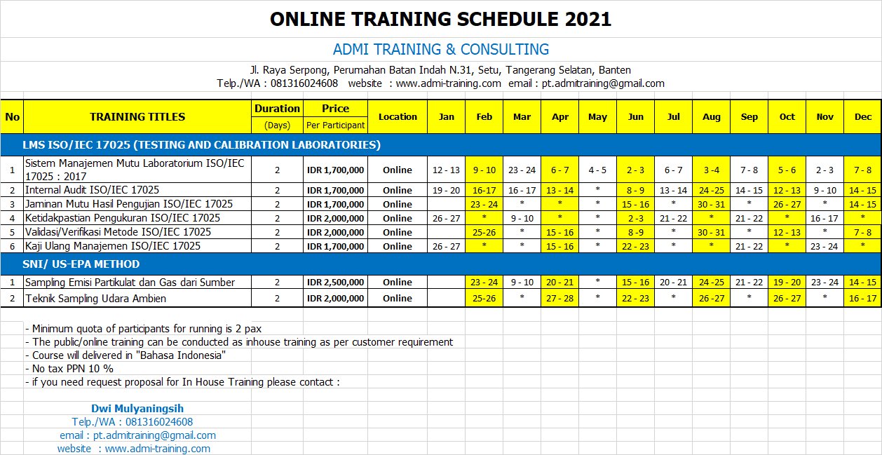 JADWAL DAN BIAYA ONLINE TRAINING 2021