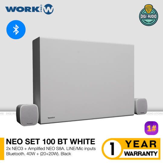 Paket Speaker Instalasi Pasif WORK PRO NEO SET 100 BT WHITE - 40 Watt - 2 x 2.5 inch - 8 Inch Subwoofer Power Amplifier & Bluetooth - Bracket Dinding