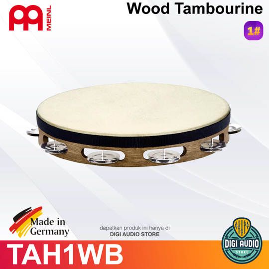 MEINL TAH1WB Wood Tambourine Goatskin, Nickel Plated Steel Jingles 1 Row, Walnut Brown