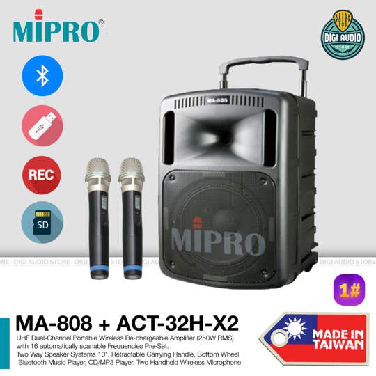 Professional Speaker Portable + 2 Microphone Wireless - 10 inch 250 Watt - Bluetooth Music & CD SD USB MP3 Player & Recording - MIPRO MA808-ACT32H-X2
