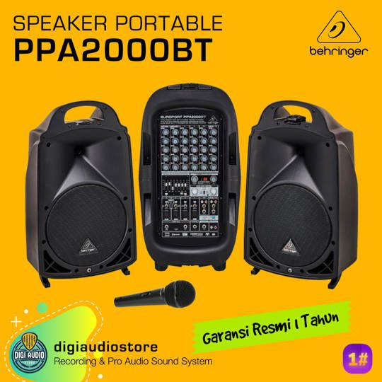 Paket Speaker Portable Wireless Bluetooth - 2000 Watt - 8 Channel Audio Mixer - 1 Microphone Behringer PPA2000BT