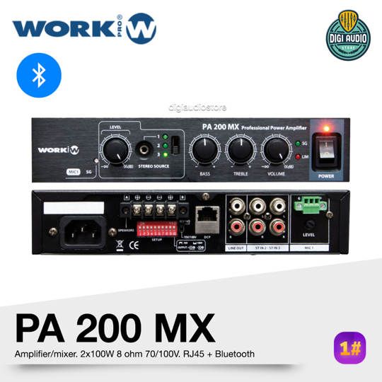 Audio Mixer + Power Amplifier 2 x 100 Watt 8 ohm 70/100V with RJ45 (RS 485 commands) & Bluetooth WORK PRO PA 200 MX