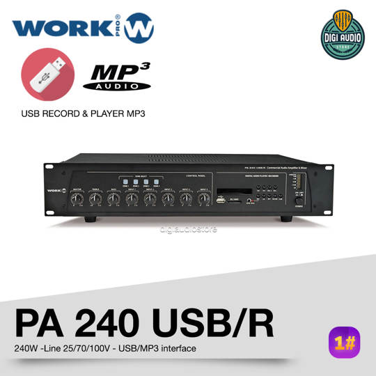 WORK PRO PA 240 USB/R - Audio Mixer Power Amplifier 240 Watt Line 25/70/100V - USB / MP3 interface