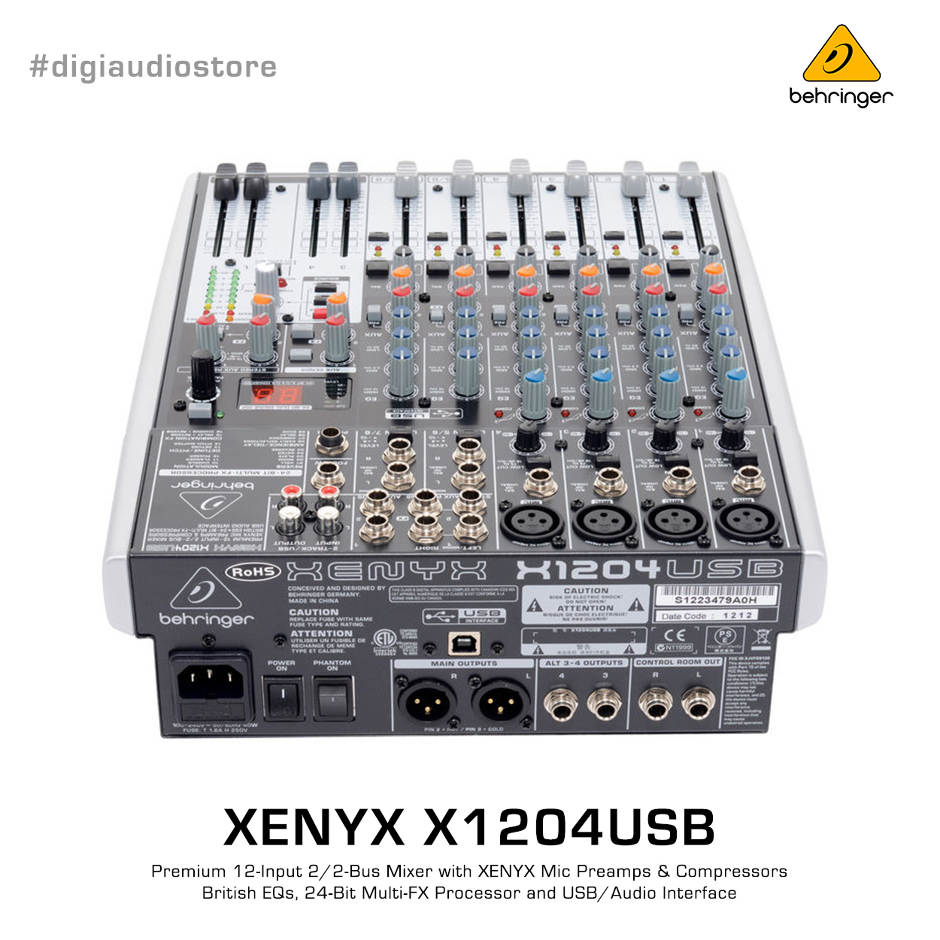 Audio Mixer 6 Channel 4 Mono 2 Stereo Behringer Xenyx X1204USB with USB Audio Interface & Effect