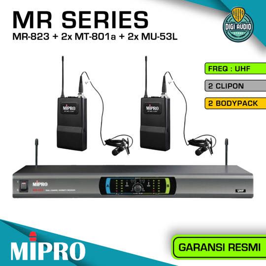 Wireless Clipon Microphone - 2 Channel Mic & Bodypack MIPRO MR-823 + 2x MT-801a + 2x MU-53L