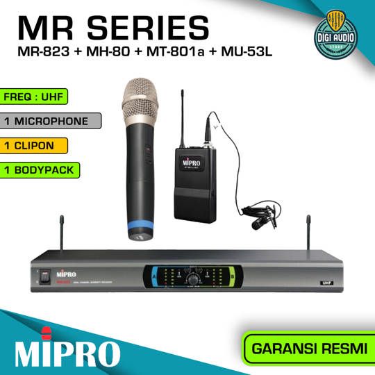 Wireless Microphone Vocal & Clipon Lavalier Mic Bodypack - 2 Channel MIPRO MR-823 + MH-80 + MT-801a + MU-53L