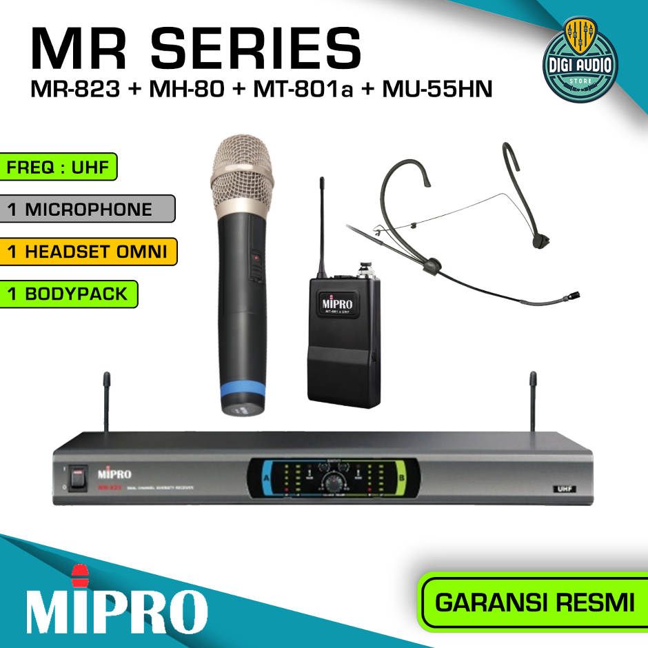 Wireless Microphone Vocal Handheld & Headset Mic - Dual Channel MIPRO MR-823 + MH-80 + MT-801a + MU-55HN - TS Output