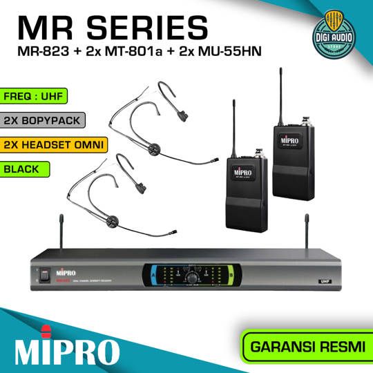 Wireless Headset Microphone - 2 Mic Headworn & Bodypack - MIPRO MR-823 + 2x MT-801a + 2x MU-55HN - TS Output