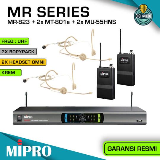 Wireless Headset Microphone - 2 Mic Headworn Skin Tone & Bodypack - MIPROMR-823 + MH-80 + MT-801a + MU-55HNS