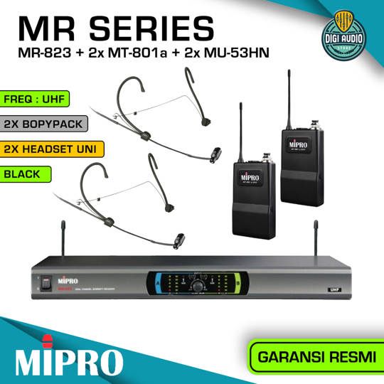 Wireless Headset Microphone - 2 Mic Headworn Uni Directional & Bodypack - MIPRO MR-823 + 2x MT-801a + 2x MU-53HN - TS Output