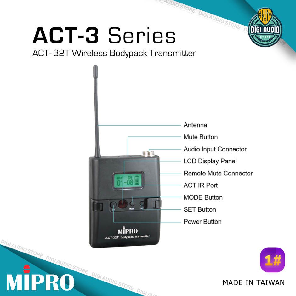 UHF Wireless Headset Microphone - Headworn Mic - MIPRO ACT-311B + ACT-32T + MU-53HN - Receiver - Bodypack Transmitter - Mikrofon Kepala