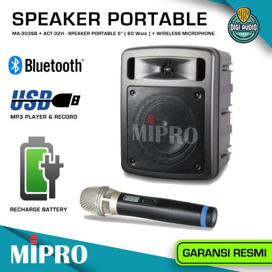 MIPRO MA-303SB + ACT-32H Speaker Portable + Microphone Wireless - 5 inch 60 Watt Class-D - Batre Charger - Bluetooth & USB MP3 Player & Record