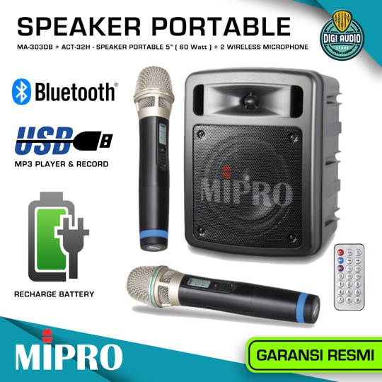 Speaker Portable + 2 Microphone Wireless - 5 inch 60 Watt Class-D - Bluetooth Music & USB MP3 Player & Record - MIPRO MA-303DB-ACT32H ( MA303DB-ACT32H )