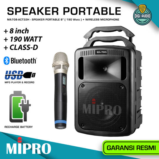 MIPRO MA-708 + ACT-32H Speaker Portable Bluetooth + 1 Microphone Wireless - 8 inch 190 Watt Batre Charger - CD SD Card USB MP3 Player & Recording