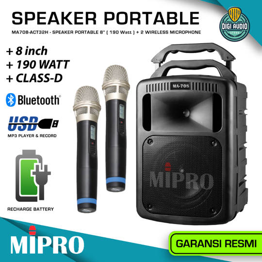 Speaker Portable Bluetooth + 2 Microphone Wireless - 8 inch 190 Watt Batre Charger - CD SD Card USB MP3 Player & Recording - MIPRO MA-708 + ACT-32H ( MA708-ACT32H-X2 )