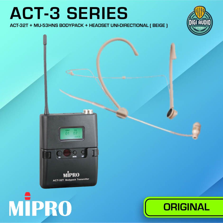 Wireless Headset Microphone Dual Channel Uni-Directional MIPRO ACT-312B + ACT-32H + ACT-32T + MU-53HNS