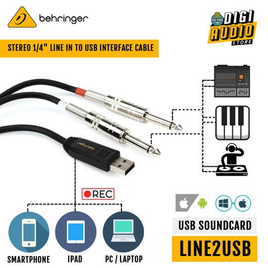 Behringer LINE 2 USB Souncard Cable Adapter USB to Stereo Jack 6.5mm for Keyboard Drum Electric - LINE2USB