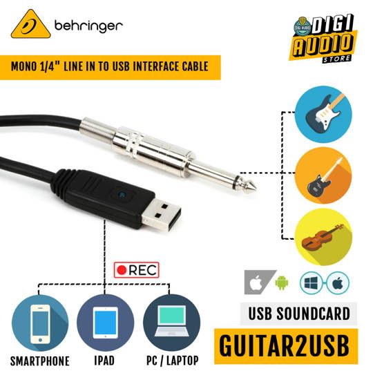 Behringer Guitar 2 USB Soundcard Cable Audio Interface Jack 6.5mm to USB Recording - Gitar Bass Biola