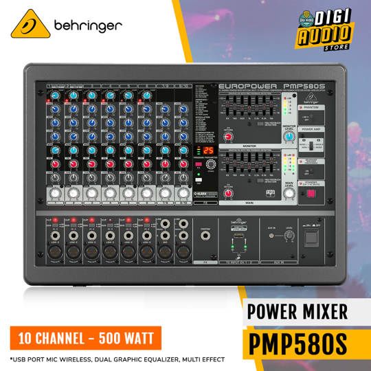 Power Mixer Audio Behringer PMP580S 10 Channel - Power Amplifier 500 Watt - Equalizer & Effect Reverb - Power Mikser