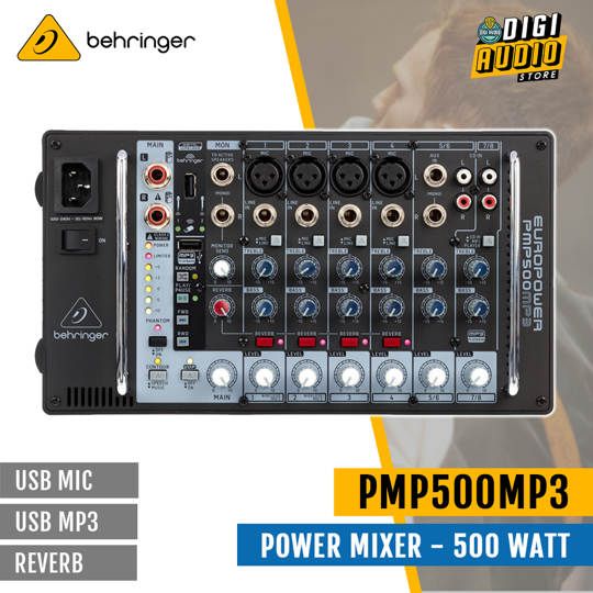 Power Mixer Audio Amplifier Behringer PMP500MP3 - 500 Watt 8 Channel - USB Mp3 Player & Reverb
