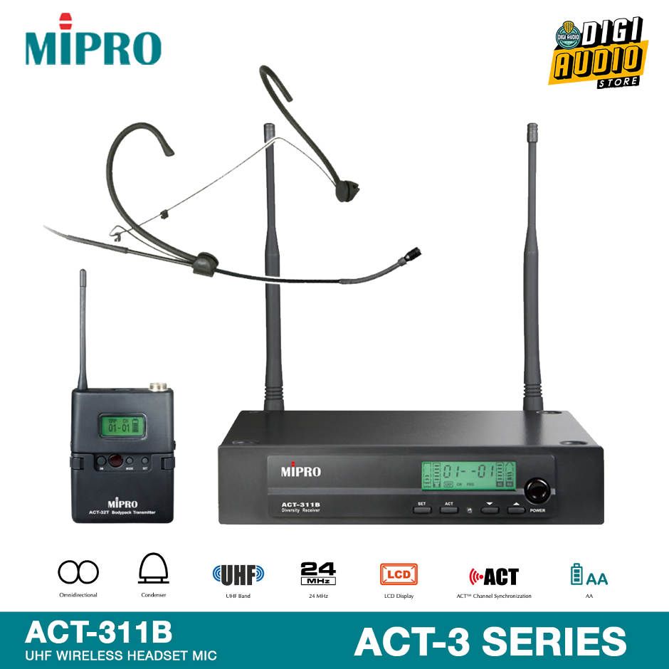 Wireless Headset Microphone Omni-Directional Headworn Mic - MIPRO ACT-311B + ACT-32T + MU-55HN