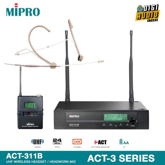Wireless Headset Microphone - Headworn Mic - MIPRO ACT-311B + ACT-32T + MU-23 - Receiver - Bodypack Transmitter - Mikrofon Kepala