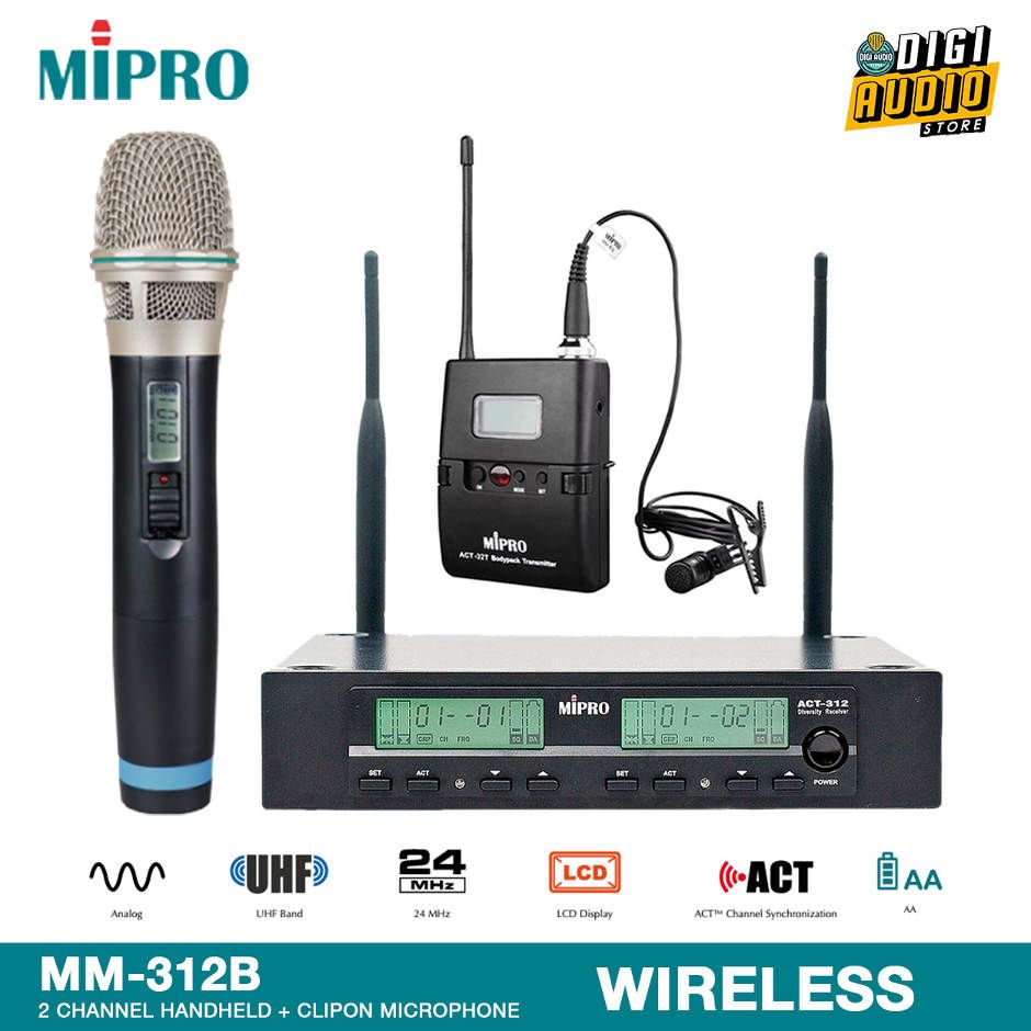 Wireless Microphone Vocal & Clipon Lavalier - UHF 2 Channel MIPRO ACT-312B + ACT-32H + ACT-32T + MU-53L