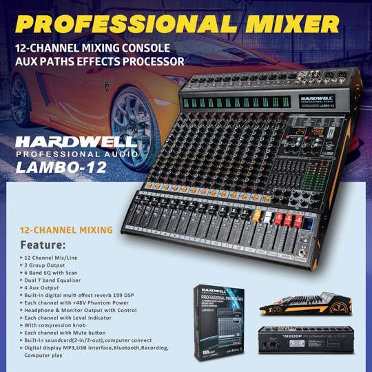 Audio Mixer Hardwell Lambo 12 Channel with USB Audio Interface Soundcard & Bluetooth