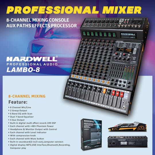 Audio Mixer Hardwell Lambo 8 Channel with USB Audio Interface Soundcard & Bluetooth