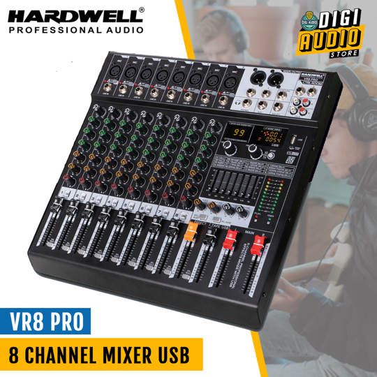 Hardwell VR8 PRO Audio Mixer 8 Channel with USB Soundcard Recording - MP3 Player - Bluetooth & Multi Effect