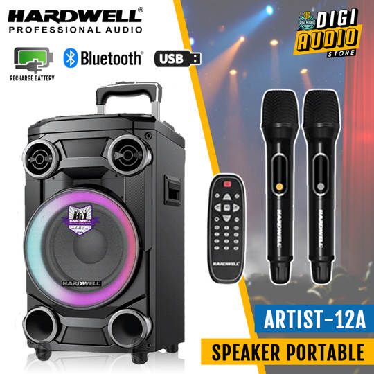 Hardwell ARTIST 12A Speaker Portable 12 inch 300 Watt - 2 Microphone Vocal Mic Wireless - Bluetooth - Radio - USB Mp3 & Batre Charger