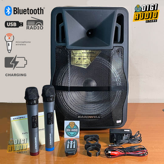 Hardwell HF12B Pro Speaker Portable 12 inch 120 Watt Plus 2 Microphone Vocal Mic Wireless - Bluetooth & Batre Charger