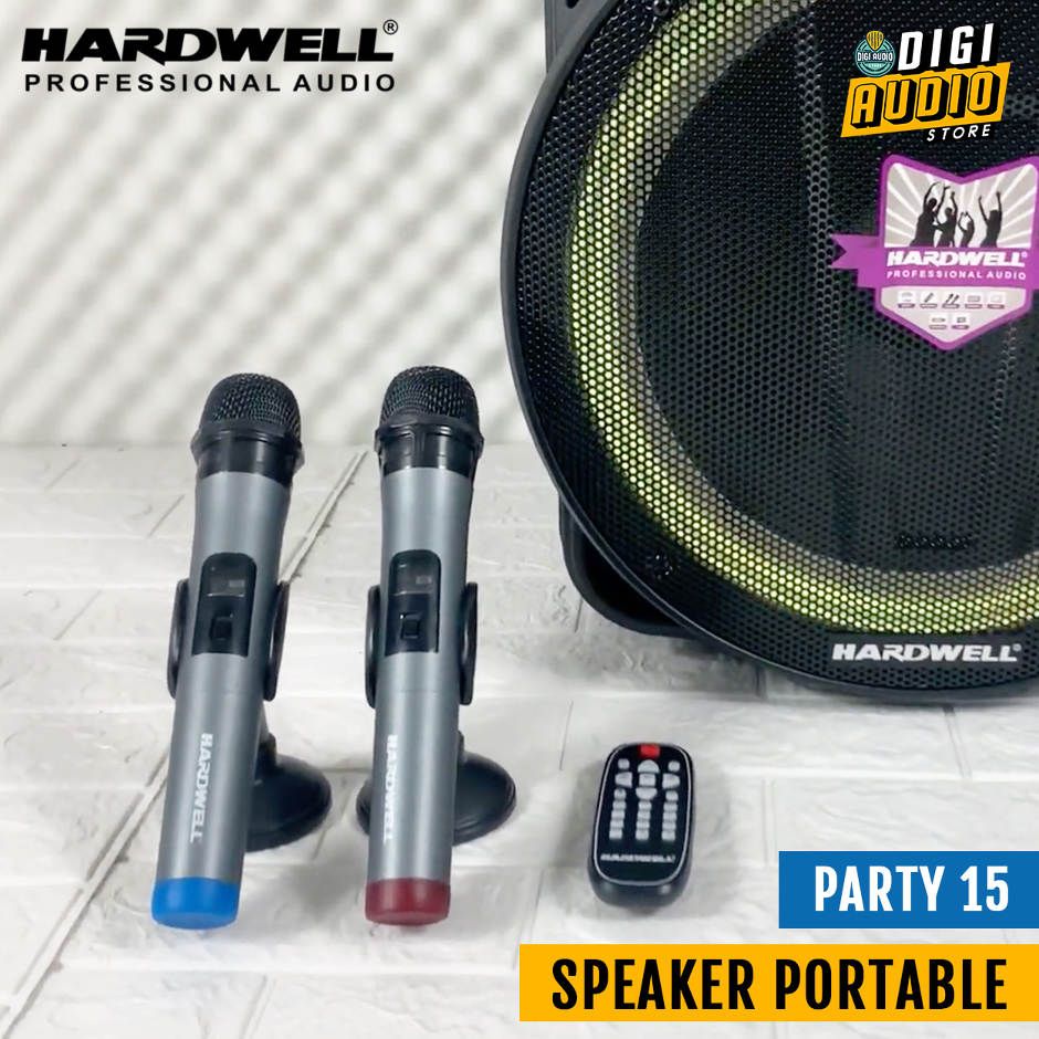 Hardwell PARTY 15 Speaker Portable 15 inch 200 Watt Plus 2 Microphone Vocal Mic Wireless - Bluetooth & Batre Charger