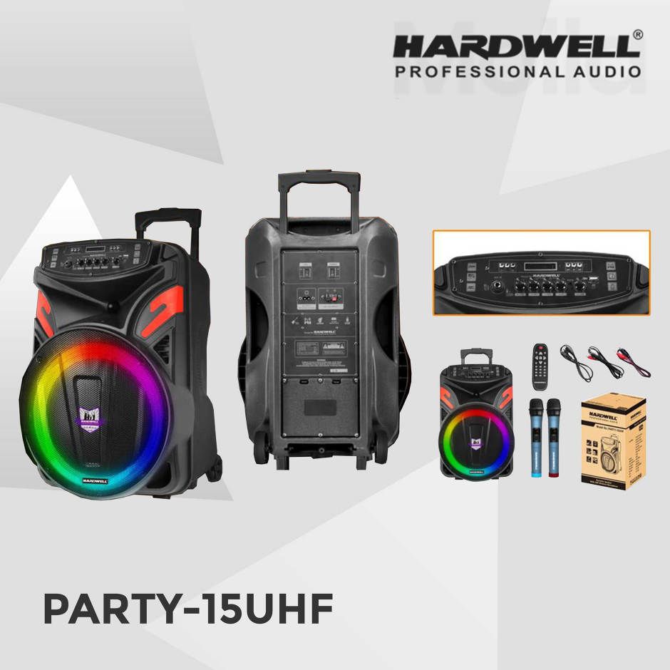 Hardwell PARTY 15 Speaker Portable 15 inch 200 Watt Plus 2 Microphone Vocal Mic Wireless - Bluetooth & Batre Charger
