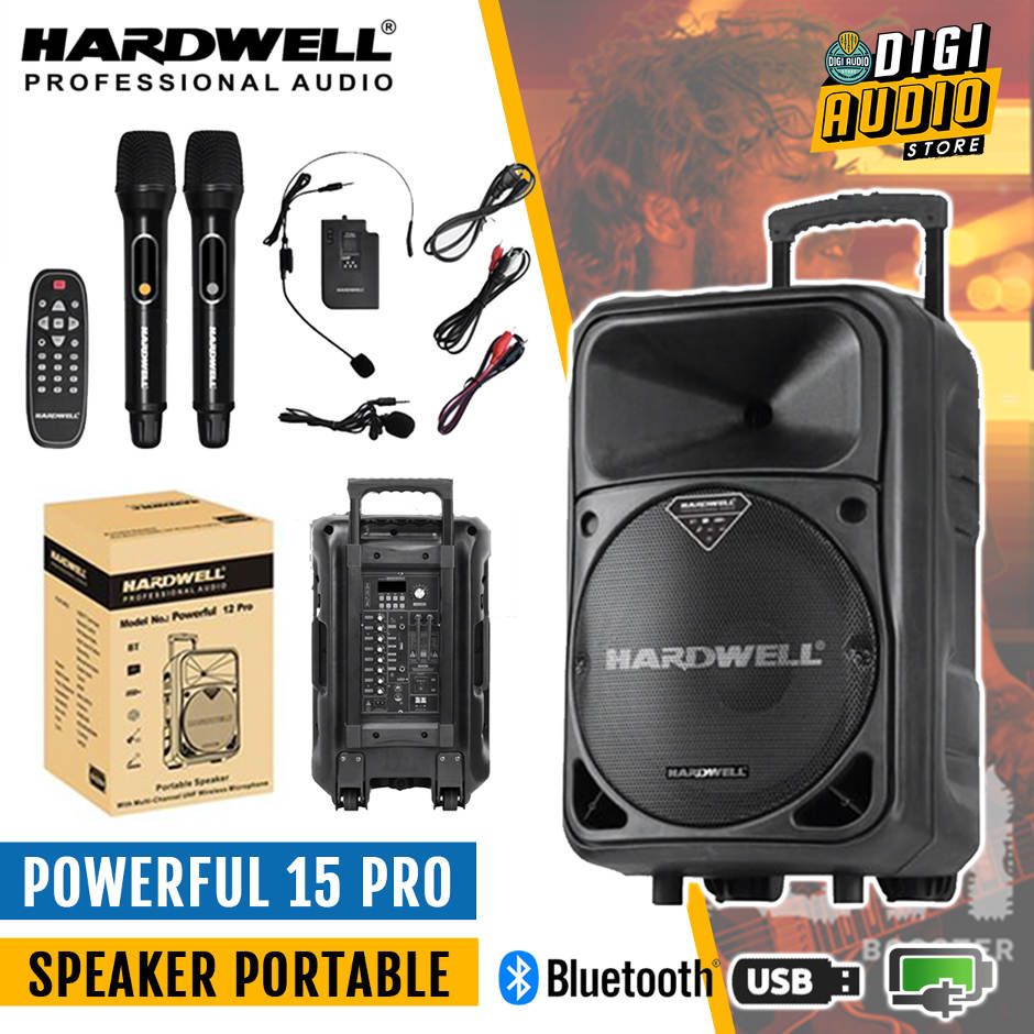 Hardwell Powerfull 15 Speaker Portable 15 inch 500 watt Plus 2 Microphone Vocal - 1 Bodypack Mic headset & Clipon - Bluetooth - USB & Batre Charger