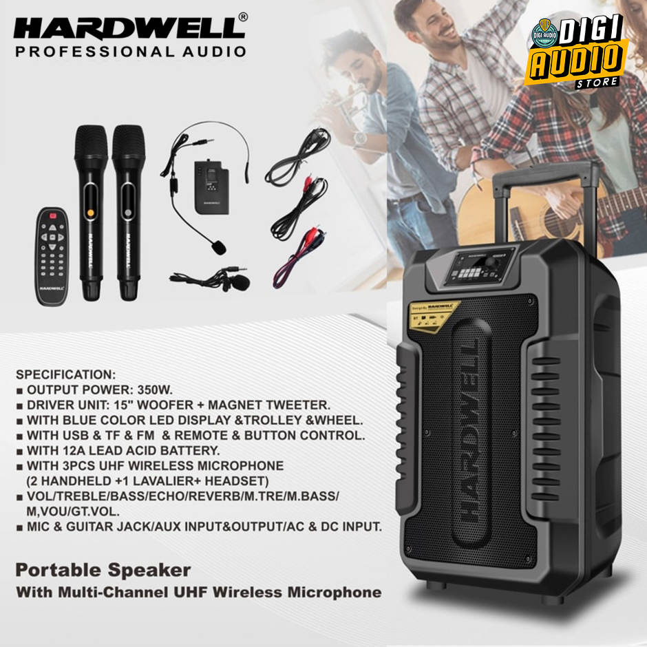 Hardwell Turbovoice 15 PRO Speaker Portable 15 inch 350 watt Plus 2 Microphone Vocal - 1 Bodypack Mic Headset & Clipon - Bluetooth - USB & Batre Charger