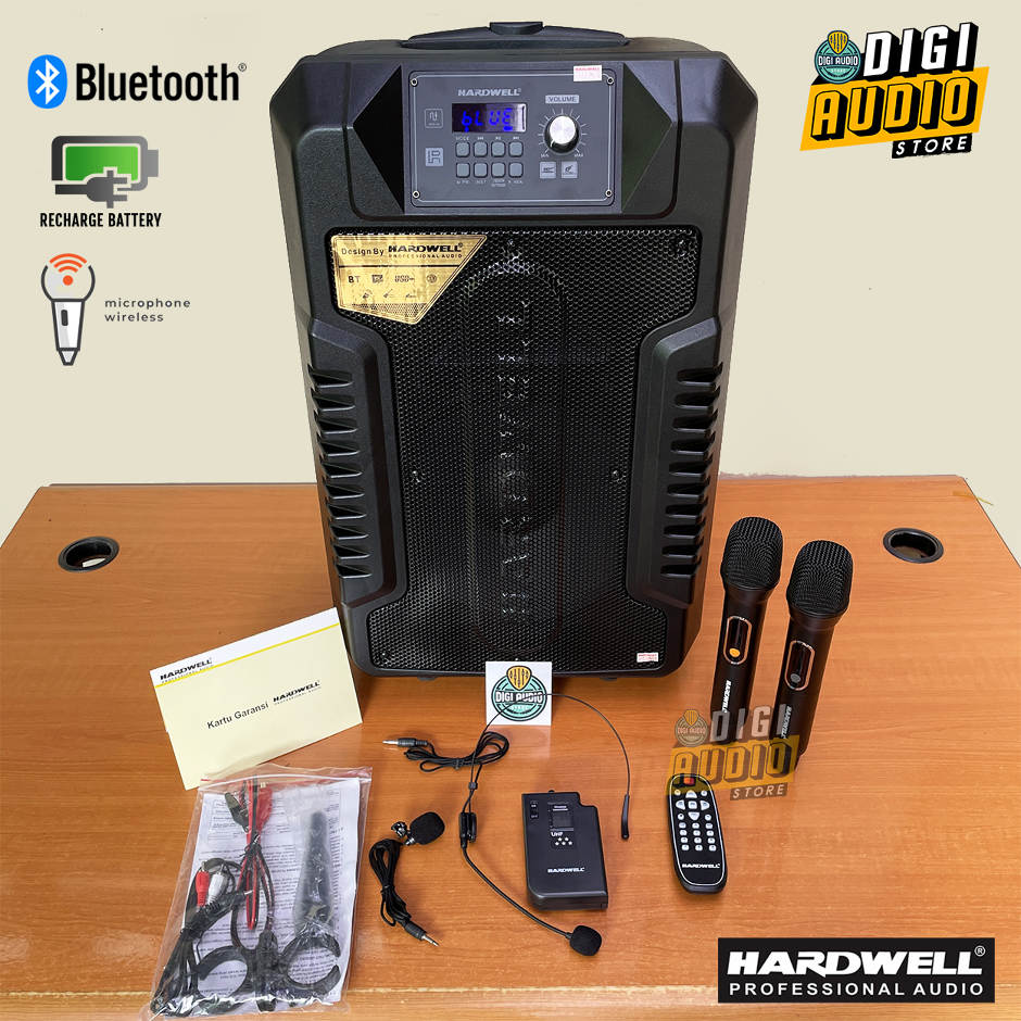 Hardwell Turbovoice 12 PRO Speaker Portable 12 inch 250 watt Plus 2 Microphone Vocal - 1 Bodypack Mic Headset & Clipon - Bluetooth - USB & Batre Charger