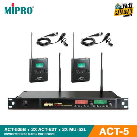 Wireless Microphone Clipon - CLip On Lavalier Dual Channel MIPRO ACT-525B + 2X ACT-52T + 2X MU-53L ACT-5 Series