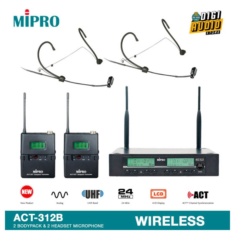 Wireless Headset Microphone Dual Channel Uni-DIrectional MIPRO ACT-312B + ACT-32H + ACT-32T + MU-53HN
