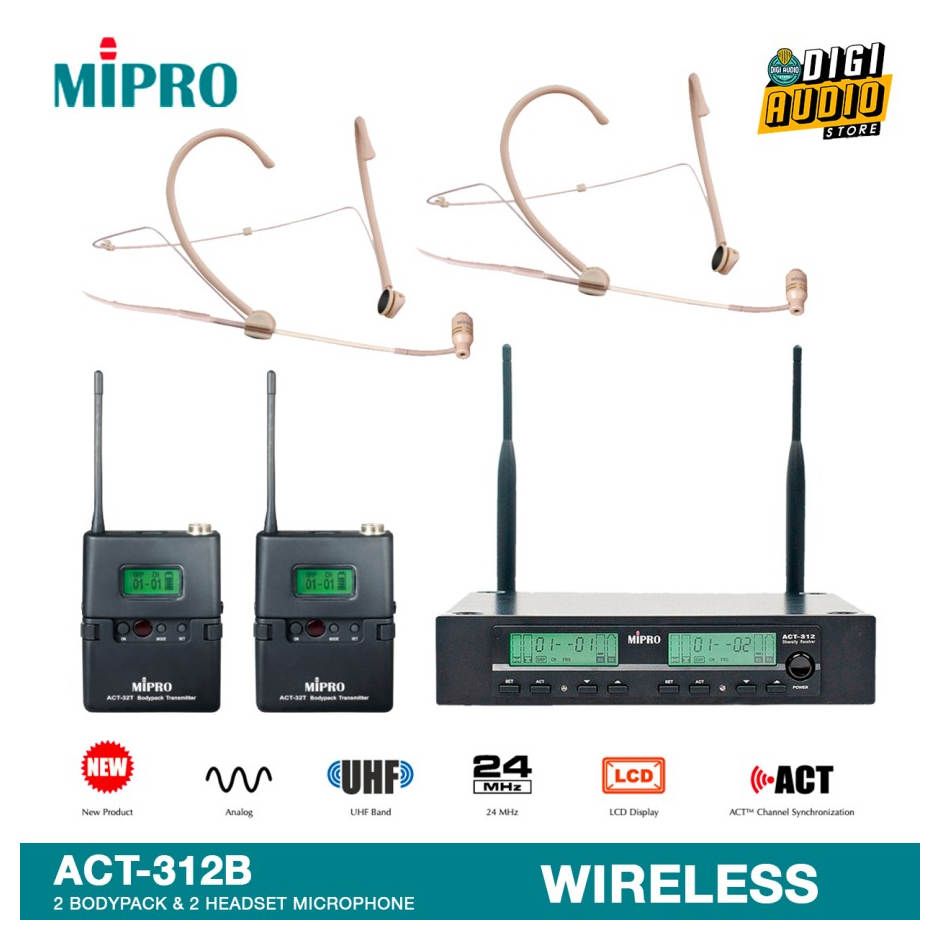 Wireless Headset Microphone Dual Channel Uni-Directional MIPRO ACT-312B + ACT-32H + ACT-32T + MU-53HNS