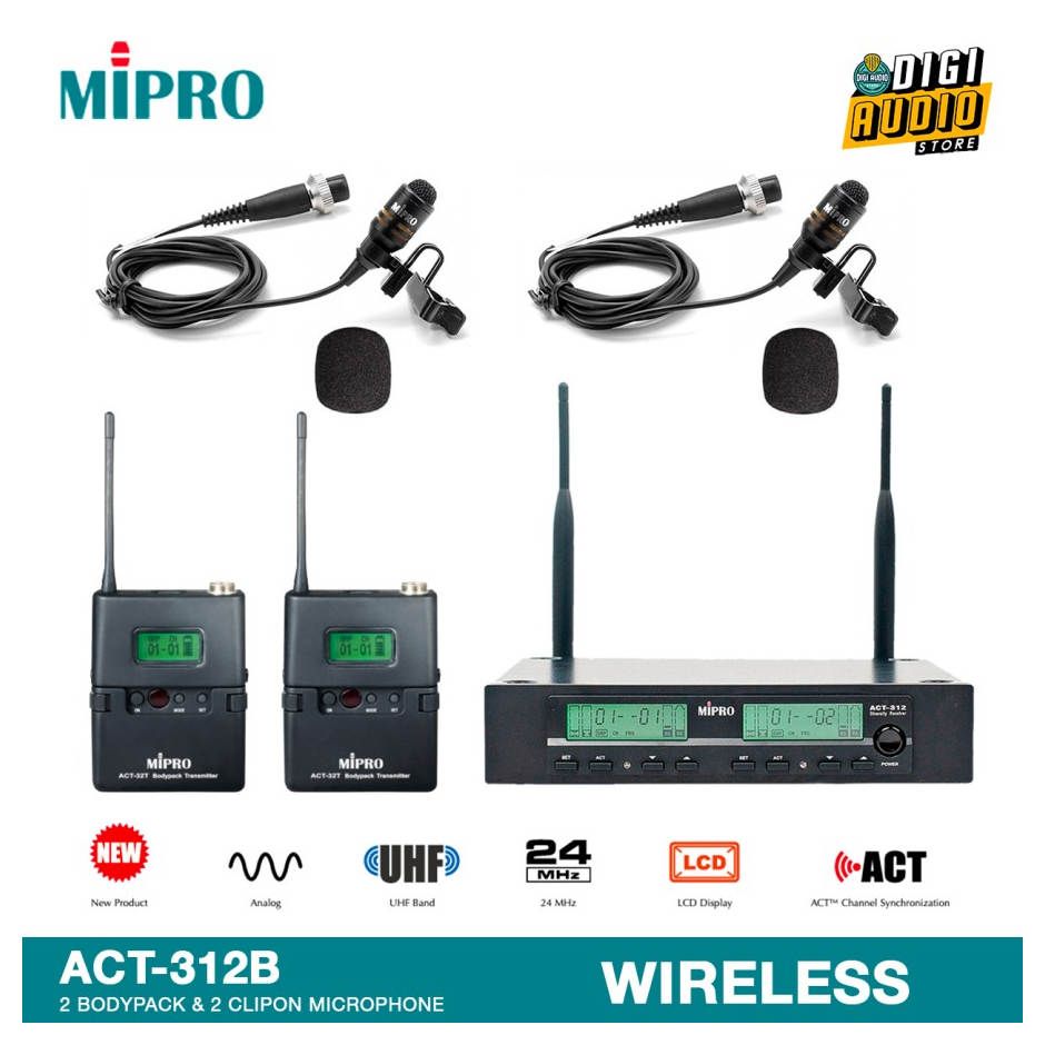 Wireless Microphone Clipon Lavalier Dual Channel Receiver MIPRO ACT-312B + ACT-32H + ACT-32T + MU-53L