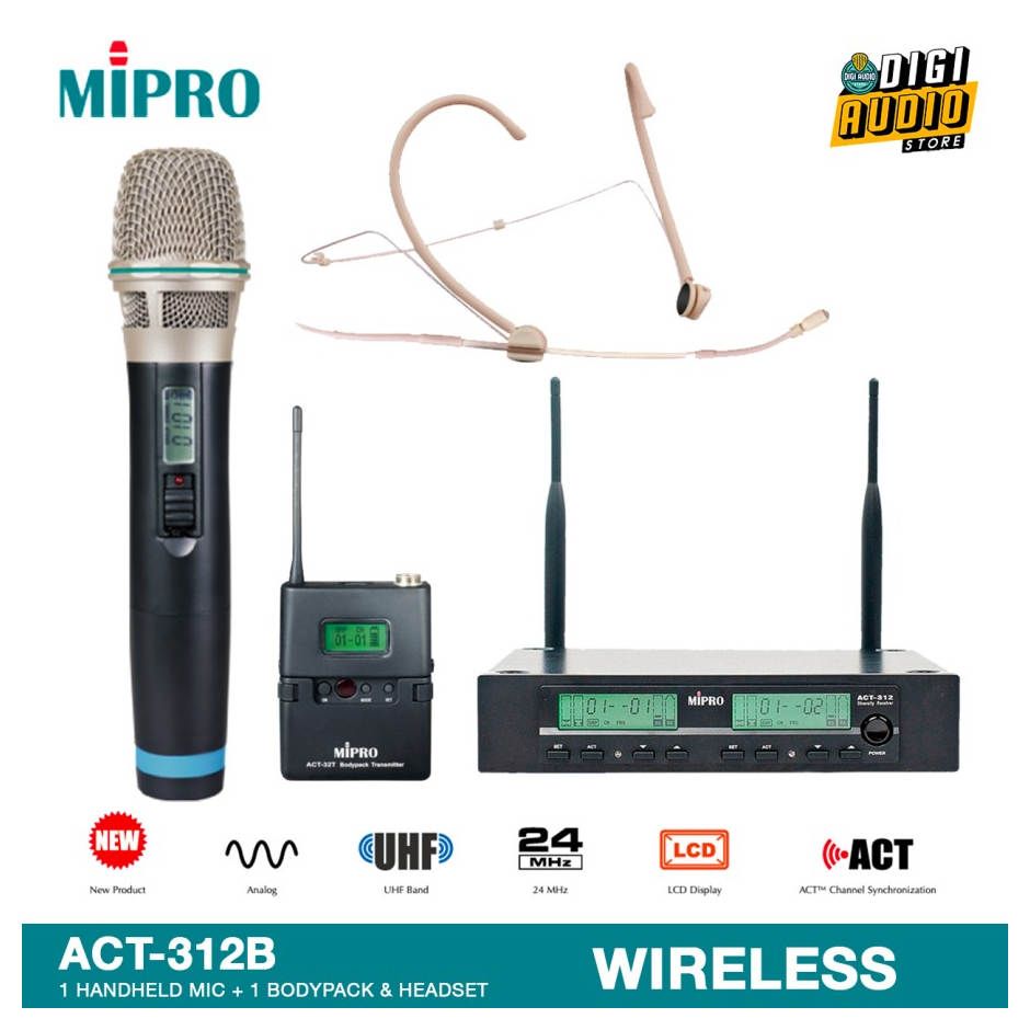 Wireless Microphone Vocal & Headset Mic Omni-Directional Dual Channel MIPRO ACT-312B + ACT-32H + ACT-32T + MU-55HNS