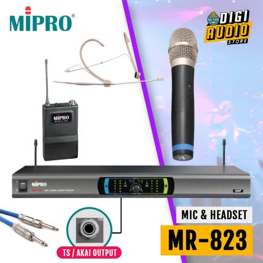 Wireless Microphone Handheld & Headset Mic - Dual Channel MIPRO MR-823 + MH-80 + MT-801a + MU-55HNS - TS Output