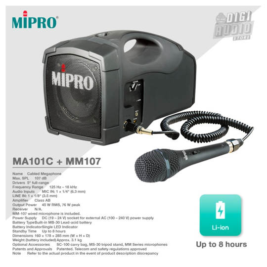 MIPRO MA-101C + MM-107 Speaker Portable Jinjing + Microphone Kabel - 45 Watt - Batre Charger