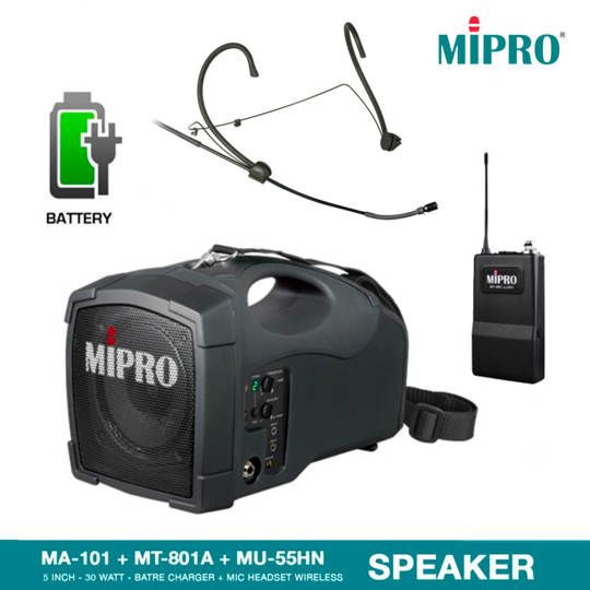 MIPRO MA-101 + MT-801a + MU-55HN Speaker Portable + Microphone Wireless Headset Headworn - 30 Watt RMS - Batre Charger