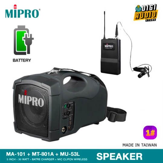 MIPRO MA-101 + MT-801a + MU-53L Speaker Portable + Microphone Wireless Clipon Lavalier - 30 Watt RMS - Batre Charger