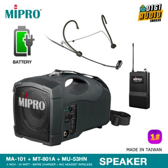 MIPRO MA-101 + MT-801a + MU-53HN Speaker Portable + Microphone Wireless Headset Headworn - 30 Watt RMS - Batre Charger