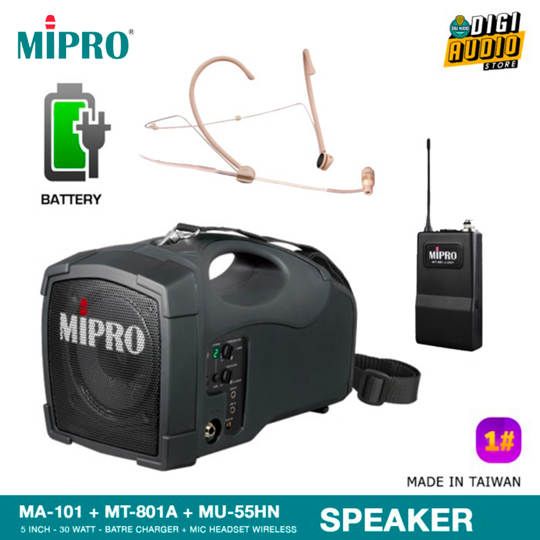 MIPRO MA-101 + MT-801a + MU-53HNS Speaker Portable + Microphone Wireless Headset Headworn - 30 Watt RMS - Batre Charger