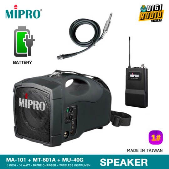 MIPRO MA-101 + MT-801a + MU-53HN Speaker Portable + Wireless Jack Instrument - 30 Watt RMS - Batre Charger