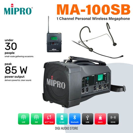MIPRO MA-100SB + ACT-32T+ MU-53HN Personal Wireless Megaphone Speaker with Wireless Microphone Headset - Omnidirectional